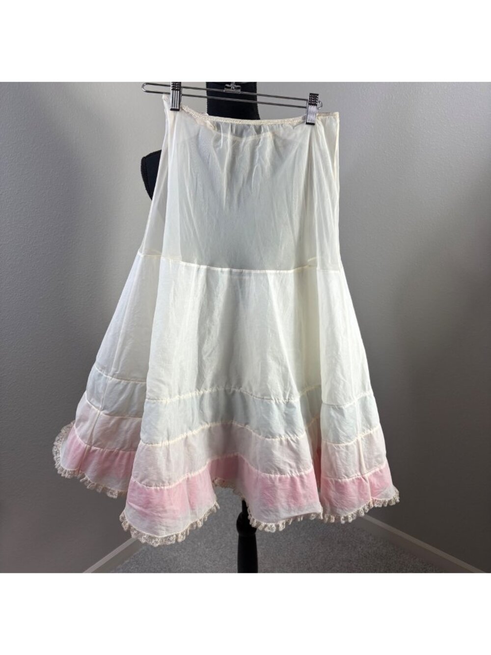 Hoops! My Dear Nylon Crinoline Petticoat Slip Layered Pink Blue Lace Trim Small